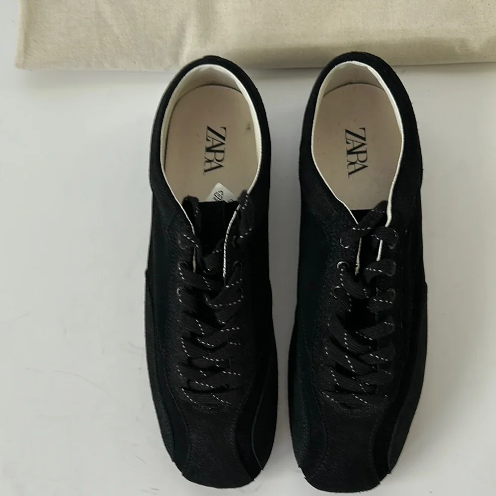 Zara Men's Retro Split Leather Black Sneakers - Picture 4 of 12